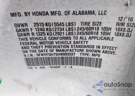 2017 Honda Pilot Ex-L from USA, damaged, VIN 5FNYF5H75HB003537